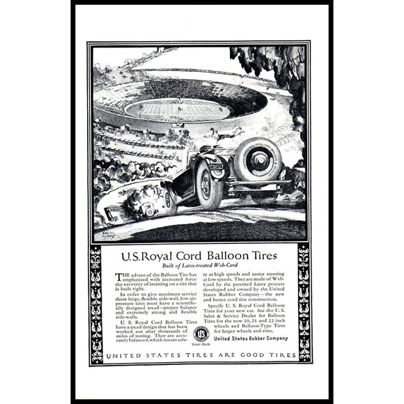 1924 US Rubber Royal Cord Balloon Tires Vintage Print Ad Football Stadium Art - Picture 1 of 1